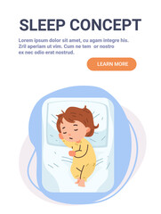 Sleep concept child napping bed peaceful rest cartoon toddler sleeping in pajamas on pillow blue background website banner