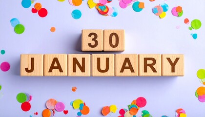 Wooden Blocks with Date 30 January. Calendar for birthday or anniversary on solid colored background with confetti