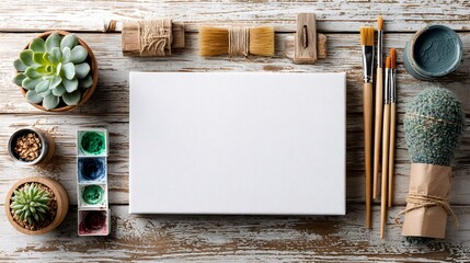 Blank canvas, paint, brushes, plants and painting tools on rustic wooden table