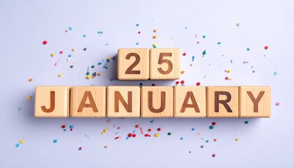 Wooden Blocks with Date 25 January. Calendar for birthday or anniversary on solid colored background with confetti