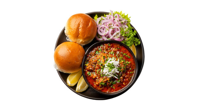 Delicious Misal Pav Indian dish with buns and onions,