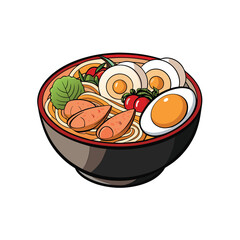 Delicious seafood ramen with clams shrimp and egg illustration
