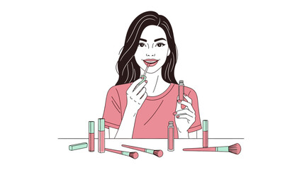 Young woman with long dark hair applying lipstick with a makeup brush surrounded by cosmetics and beauty tools illustration