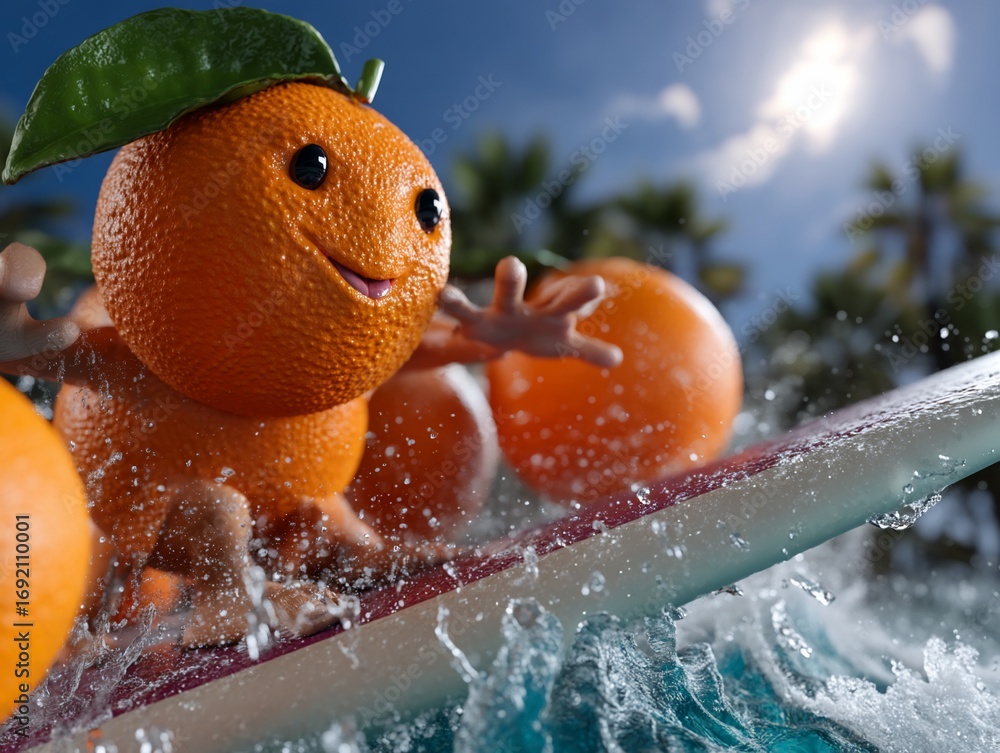 Poster orange character surfs on a wave
