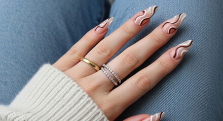 Close up of a woman's hand with long, decorated nails featuring brown and white swirl designs, adorned with rings, resting on blue jeans.