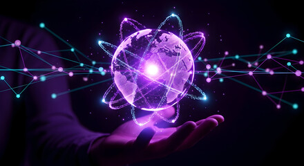 Person holding glowing digital globe above circuit board — global data networks, quantum computing metaphor and advanced connectivity