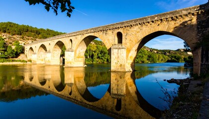 Fototapeta premium Ancient stone bridge reflecting on calm river