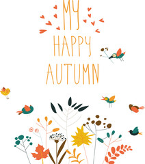 Vector illustration of a cute birds with autumn plants and berries