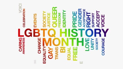 LGBTQ History Month concept Animated Tag Word Cloud kinetic typography, Text Design Animation typography seamless loop video motion graphics Intro 4k,  Word Art Looping Text effects rainbow type on wh