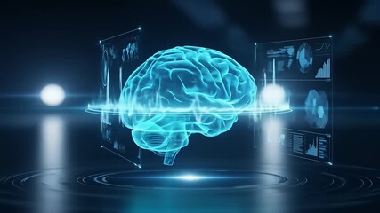 Futuristic digital brain visualization with data analytics graphs and sound waves in a high-tech environment - Powered by Adobe