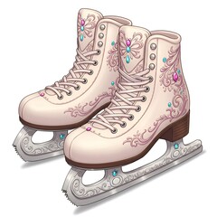 Pair of ornate white ice skates with floral details and jewels, creating a wintery, elegant feel.