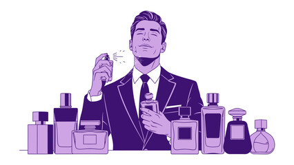 Stylish man in suit spraying perfume on himself surrounded by various elegant fragrance bottles celebrating luxury and personal grooming