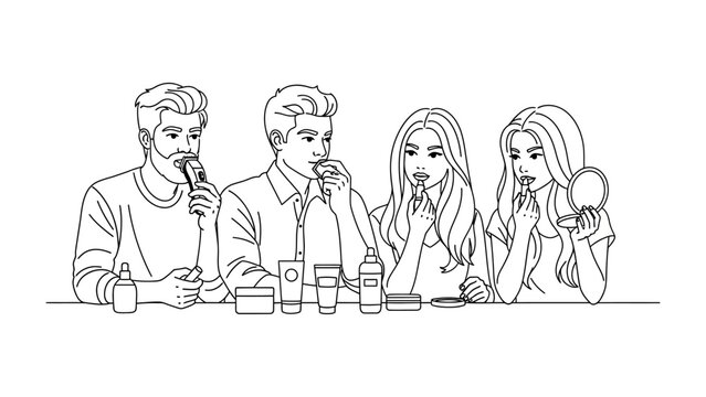 people applying makeup and shaving, black line art clip art preview