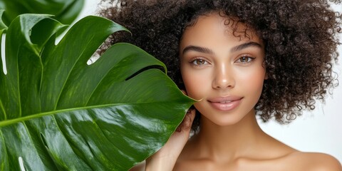 Beautiful young woman with radiant skin posing amidst lush tropical green leaves, serene backdrop.