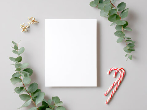 Joyful sustainable christmas greeting card mockup on white background. flat lay invitation with eucalyptus branches offers simple festive and natural holiday design