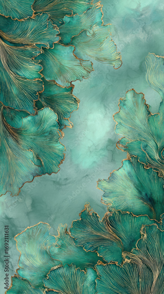 Poster serene abstract background with dynamic flow of green and gold ink. luxurious elegant fluid art crea