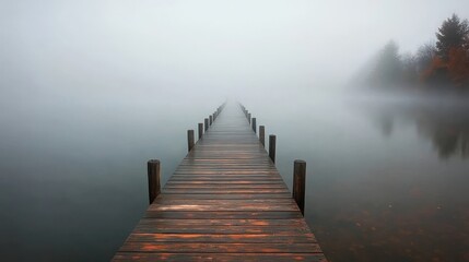Obraz premium Scenic Long Wooden Pier Extending into a Misty Lake at Sunrise, Ideal for Serene Design Projects
