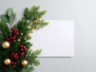 Fototapeta premium Elegant christmas flat lay with sustainable natural decoration. blank white card provides copy space on grey background for festive and peaceful holiday greeting