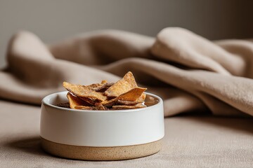 Bowl of crunchy corn chips with seasoning on neutral background