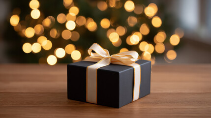 Elegant black gift box tied with celebration ribbon, on wood surface. festive bokeh background creates special, warm mood of happy anticipation and surprise