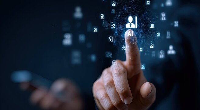 Hand touching a digital AI profile icon