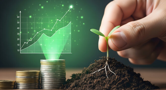 Hand planting seedling beside stacked coins with upward green graph — sustainable investment, green finance and eco growth concept - Powered by Adobe