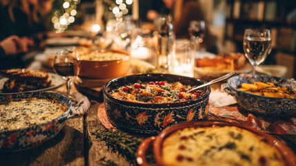 Cozy Friendsmas potluck dinner party on rustic table. warm, festive gathering shows homemade food, celebration, and friendship with joyful, intimate ambiance