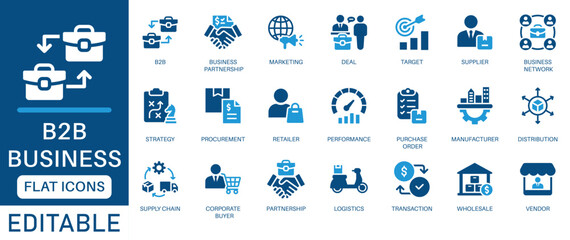 B2B icon set. featuring business networking, supplier, commerce, vendor, partnership, manufacturer, purchase order, supply chain, transaction, quotation and more. perfect flat icon collection.