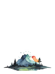 landscape with mountains, fir trees and river decorative ornament with white area for insertion