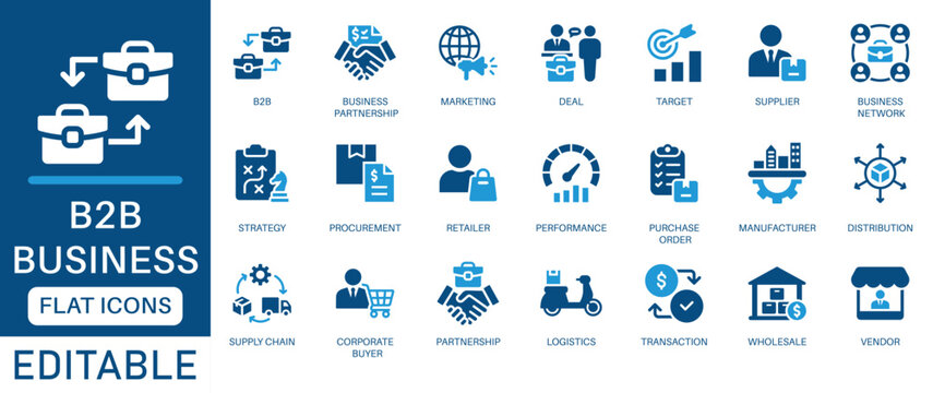 B2B icon set. featuring business networking, supplier, commerce, vendor, partnership, manufacturer, purchase order, supply chain, transaction, quotation and more. perfect flat icon collection.