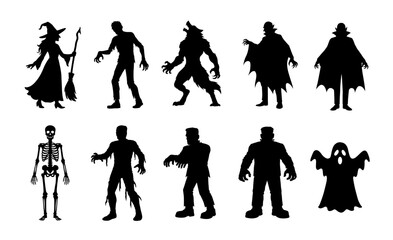 Halloween monsters silhouettes set. Witch, zombie, Dracula vampire and werewolf. Skeleton, mummy, ghost and Frankenstein monster. Cartoon characters flat vector illustrations.