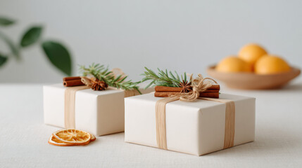 Natural homemade gift box with festive wrapping for Christmas holiday celebration. present decorated with cinnamon and ribbon showing warm and joyful feeling