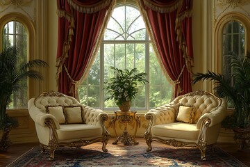 Luxury Gold Armchairs Cream Upholstery Red Curtains Elegance
