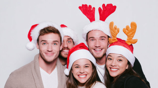 Happy group of young adult friend smiling for portrait at christmas party celebration. People wear funny santa hat and reindeer antler for festive fun photobooth moment