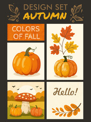Autumn beige and orange square backgrounds with simple leaves, pumpkins. Picture with Mushroom and pumpkins. Template for postcard, banner, invitation, social media post, poster, mobile apps, web adve