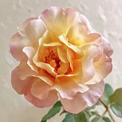Close-up of a delicate, peach-and-cream rose