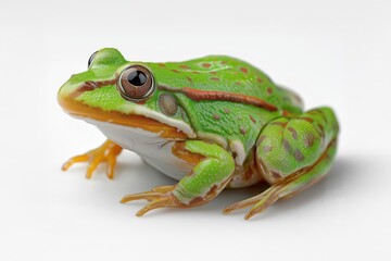 Obraz premium Green frog resting on white background