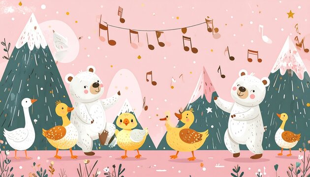 Cute bears and geese dancing in a snowy landscape, with music notes
