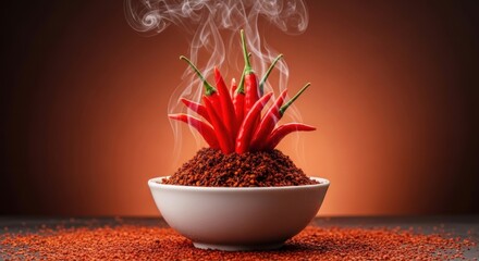 A bowl of chili powder with fresh red chili peppers and visible steam.