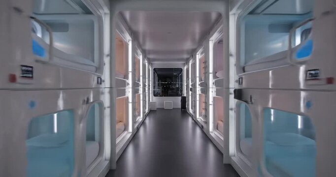 Modern capsule hotel interior with cozy sleeping pods