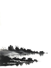 black and white ink sketch river landscape decorative ornament with white area for insertion