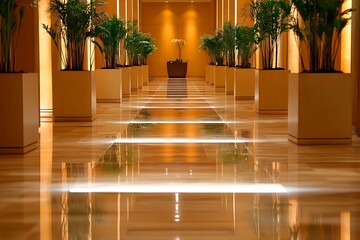 Luxury Hallway Interior Design Polished Marble Floor with Plants