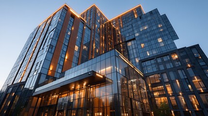 Contemporary luxury hotel tower in vibrant business district illuminated by golden evening light, modern architecture with bottom space reserved for branding, premium hospitality concept.
