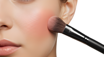 Makeup brush on cheeks isolated on white background.