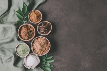 Assorted natural herbs and powders in bowls on dark background with green leaves