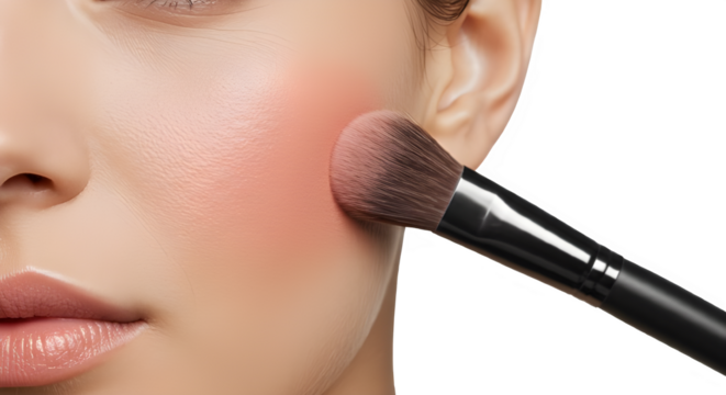 Makeup brush on cheeks isolated on white background.