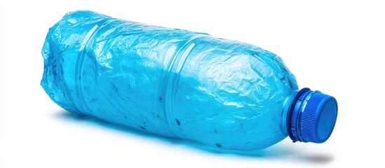 Crumpled blue plastic water bottle on a white background