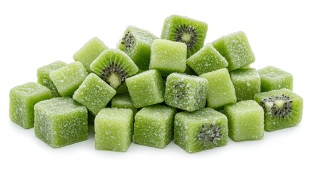 Colorful Frozen Kiwi Cubes Piled on White Background for Refreshing Dessert and Recipe Ideas