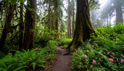 Obraz premium Lush forest path in the fog