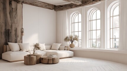 A light-filled living room with wooden accents and large arched windows.